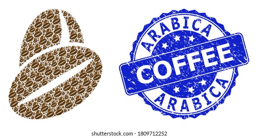 Arabica Coffee unclean round seal imitation and vector recursive mosaic cacao beans. Blue stamp seal includes Arabica Coffee caption inside round shape.