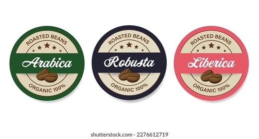 Arabica, Robusta, Liberica Kaffee Bohnen Banner Label Design Vorlage. Handgeschriebene Schrift. Vintage Label Retro-Stil.