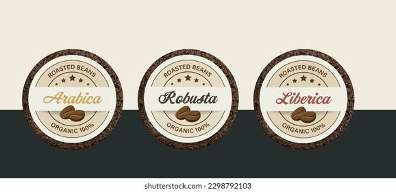 Arabica, Robusta, Liberica Kaffee Bohnen Banner Label Design Vorlage. Pile von gemahlenem Kaffee-Texturhintergrund. Vintage Label Retro-Stil.