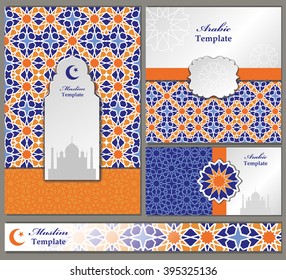 Arabic,islam,muslim cards,pattern templates,vector banners set.Oriental style for brochure, presentation,business blank.Ornamentl background with labels,mosque,mandala decoration.