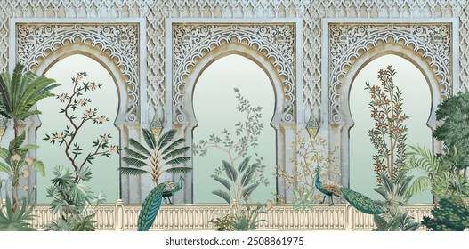 Árabe,Oriental,Estilizado,Porta,Entrada,Rabat,,Marrocos, Mural De Parede Marroquino Tradicional, Pavão, Plantas Tropicais.