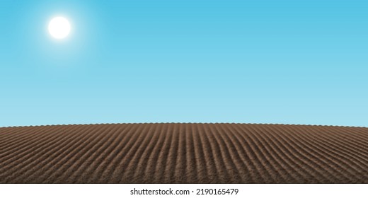 Arable land background with blue sky and sun, empty farmland with freshly ploughed fertile soil, plowed field for agricultural plants cultivation, clear cropland vector illustration