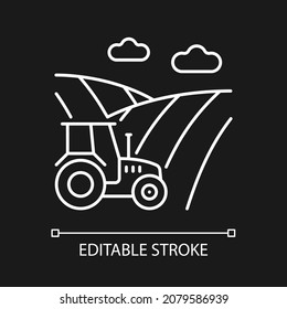 Arable land white linear icon for dark theme. Ploughed field. Cultivated soil. Agriculture landform. Thin line customizable illustration. Isolated vector contour symbol for night mode. Editable stroke