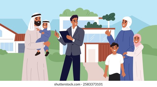 Arabs family buying house. Broker shows real estate. Arabian man signing mortgage agreement. People in oriental clothes. Realtor selling residential building. Property purchase. Garish vector concept