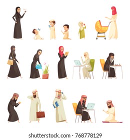 Arabs family life culture traditions cartoon icons collection with man woman home working praying isolated vector illustration  