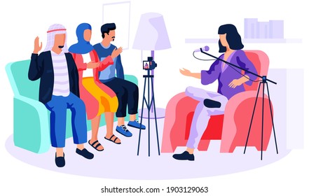Arabs give an interviews. Woman recording a video from people. Man and woman are broadcasting in recording studio. Guy raises his hand to answer. Girl giving instructions to clients into microphone