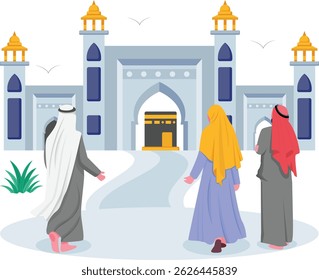 Arabs Man and woman going to Kaaba concept, Family going for spiritual journey vector design, Eid al-Adha scene, Eid-al-Kabir Hajj banner, Traditional Arabic Muslims Festival stock illustration