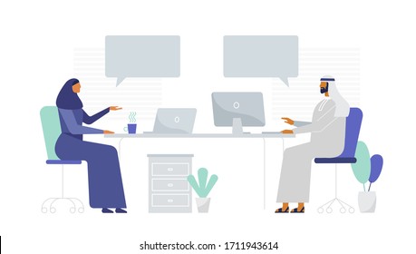 Arabs work in the office. Cartoon characters. Speech bubbles, place for text. Modern and comfortable office with windows and plants. Remote work, freelance. Vector illustration, flat design