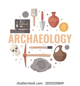 Arachaeology cartoon composition with isolated text and icons of manual digging instruments ancient artefacts and skull vector illustration