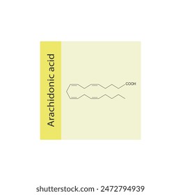 Arachidonic acid skeletal structure diagram.Fatty acid compound molecule scientific illustration on yellow background.