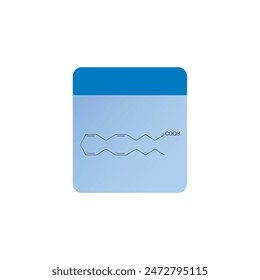 Arachidonic acid skeletal structure diagram.Fatty acid compound molecule scientific illustration on blue background.