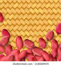 Arachis or peanuts background with red scattered nuts