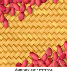 Arachis or peanuts background with red scattered nuts