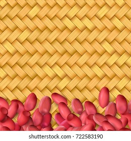 Arachis or peanuts background with red scattered nuts