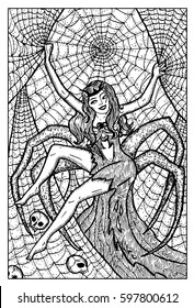 Arachne. Spider woman. Hand drawn vector illustration. Engraved line art drawing, black and white doodle. 