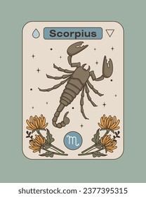 Artropodo arácnido. Escorpio es un signo de zodiaco. Flores amarillas y signos de astrología. Símbolo del signo Escorpio. Afiche de estilo vintage. Ilustración vectorial plana