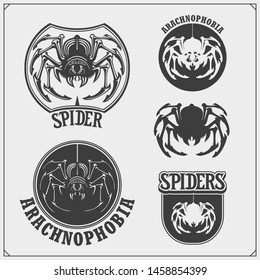 Arachnophobia club emblems. Night dance club, sport team design. Scary spooky spider. Print design for t-shirt.