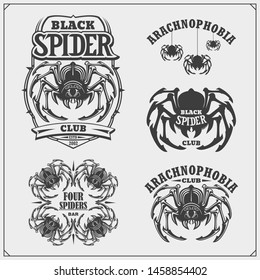 Arachnophobia club emblems. Night dance club, sport team design. Scary spooky spider. Print design for t-shirt.