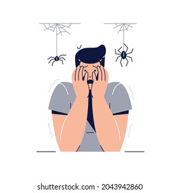 Arachnophobia, Fear of Spiders concept. Scared Frightened Man Character with hands on the face is afraid of Spiders. Irrational Fears, Phobia, Panic Attack for web design. Flat vector illustration