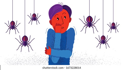 Arachnophobia fear of spiders vector illustration, boy surrounded by spiders scared in panic attack, psychology mental health concept.