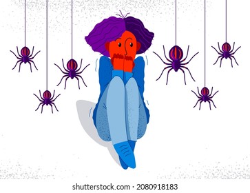 Arachnophobia fear of spiders vector illustration, girl surrounded by spiders scared in panic attack, psychology mental health concept.