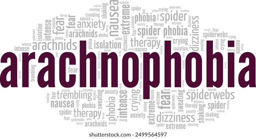 Arachnophobia: Fear of Spiders word cloud conceptual design isolated on white background.