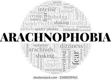 Arachnophobia: Fear of Spiders word cloud conceptual design isolated on white background.