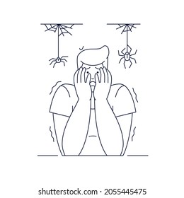 Arachnophobia, Irrational Fear of Spider vector illustration. Scared Man Character with hands on the face is afraid of Spider. Editable stroke Isolated on white. Phobia concept for line art web design