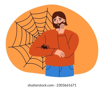 Arachnophobia, phobia psychology concept. Man afraid of spiders. Scared person in panic with arachnid insect. Flat vector illustration.