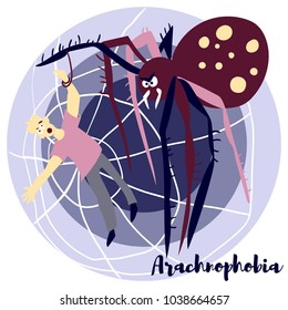 Arachnophobia vector illustration with violet colors. Picture is about the most common phobia. Arachnophobia is the irrational fear of spiders and other arachnids such as scorpions.
