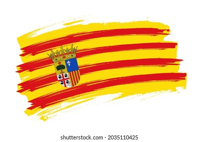 La bandera de Aragón, España. Concepto de pincel de banner de la región española. Ilustración horizontal vectorial aislada en fondo blanco.  