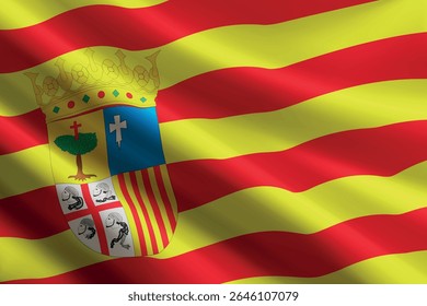 Bandeira de Aragão acenando ao vento, textura de seda detalhada e realista. comunidade autônoma da Espanha