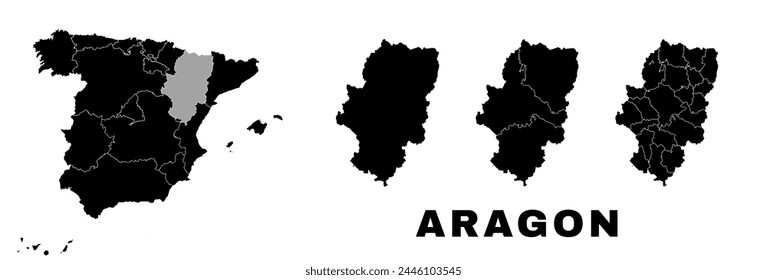 Mapa de Aragón, comunidad autónoma en España. División administrativa española, comarcas, comarcas y municipios.