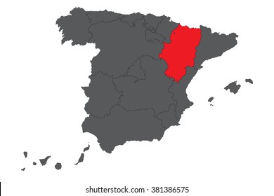 Aragon red map on gray Spain map vector