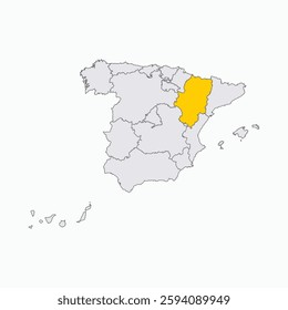 Aragon Region highlighted on Spain map