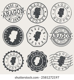 Aragon, Spain Set of Stamps. Country Travel Marks. Made In Product. Design Seals Old Style Insignia.