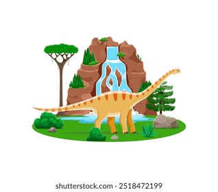 Personaje de dinosaurio prehistórico de Aragosaurus vagando en la escena de la naturaleza serena. Vector de dibujos animados herbívoro dino saurópodo de pie en el Cretácico temprano con árboles altos, plantas verdes y cascada