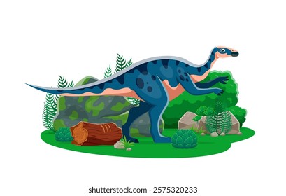 Aralosaurus prehistoric dinosaur cartoon character. Isolated vector herbivore dino reptile animal, genus of hadrosaurid dinosaur in natural environment with plants and rock. Late cretaceous era lizard