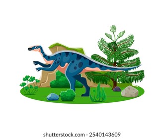 Aralosaurus prehistoric dinosaur character. Isolated cartoon vector herbivore dino reptile animal, genus of hadrosaurid dinosaur in natural environment with plants and rock. Late cretaceous era lizard