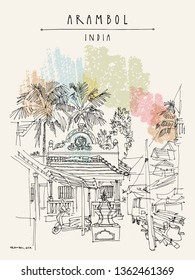 Arambol, Goa, India, Asia. Houses and palm trees. Travel sketch. Vintage hand drawn postcard. Vector illustration