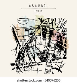 Arambol, Goa, India. A guy brushing his teeth in the morning. Artistic drawing. Travel sketch. Vintage hand drawn postcard or poster. Vector illustration