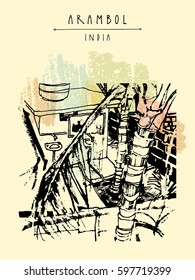 Arambol, Goa, India. A guy brushing his teeth in the morning. Artistic drawing. Travel sketch. Vintage hand drawn postcard or poster. Vector illustration