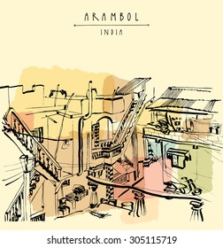 Arambol, Goa, India. Houses with stairs, backyard in old Portuguese architectural style. Artistic drawing. Vector isolated travel postcard or poster template with Arambol, India hand lettering