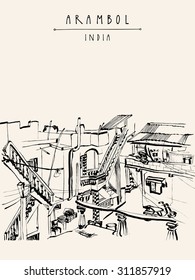 Arambol, Goa, India. Houses with stairs, backyard in old Portuguese architectural style. Artistic drawing. Vector isolated travel postcard or poster template with "Arambol, India" hand lettering