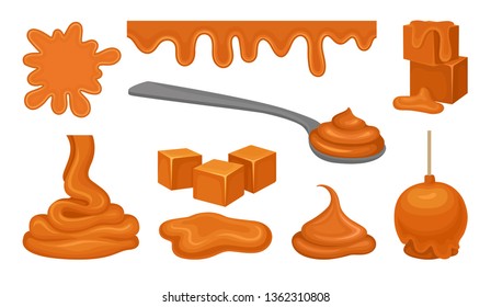  aramel products on white background. Toffee concept.