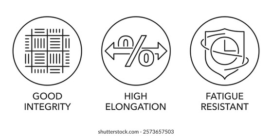 Aramid synthetic fibers benefits icons set - Fatigue resistant, Good integrity, High elongation. Pictograms for labeling in in thin line