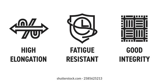 Aramid synthetic fibers benefits icons set - Fatigue resistant, Good integrity, High elongation. Pictograms for labeling in in bold line