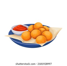 Arancini, Italian food vector illustration. Cartoon isolated glass plate with deep fried rice balls and tomato sauce, portion of crispy arancini stuffed with cheese or meat, appetizer from Italy