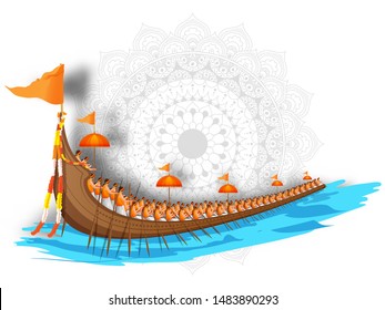 Aranmula boat race illustration on mandala pattern background for Onam festival celebration concept.