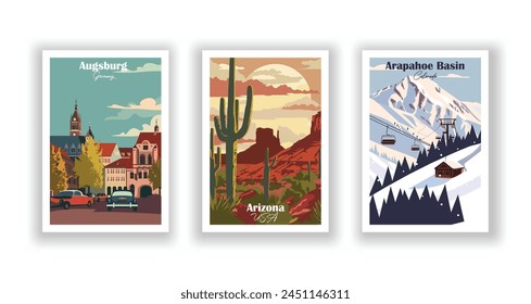 Arapahoe Basin, Colorado, Arizona, USA, Augsburg, Germany - Vintage travel poster. Vector illustration. High quality prints